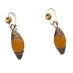 Tibetan Amber Glass Earrings Nepal Orange & Brass Metal Women’s Jewelry